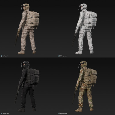 3D model of a soldier character in modern military uniform with four camouflage pattern variations.