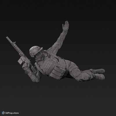 3D model of a soldier laying on the ground, leaning on one elbow, while with his other arm is signalling backwards to his teammates and wearing military uniform with four camouflage pattern variations, from 2020, USA.