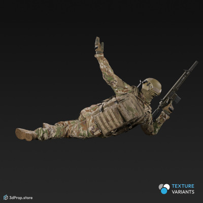 3D model of a soldier laying on the ground, leaning on one elbow, while with his other arm is signalling backwards to his teammates and wearing military uniform with four camouflage pattern variations, from 2020, USA.