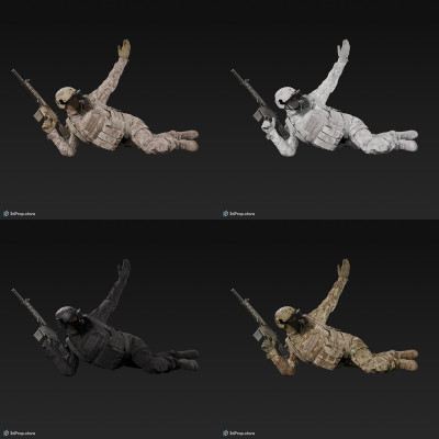 3D model of a soldier laying on the ground, leaning on one elbow, while with his other arm is signalling backwards to his teammates and wearing military uniform with four camouflage pattern variations, from 2020, USA.