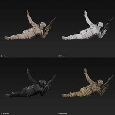 3D model of a soldier laying on the ground, leaning on one elbow, while with his other arm is signalling backwards to his teammates and wearing military uniform with four camouflage pattern variations, from 2020, USA.