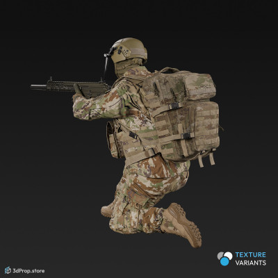 3D model of a sitting soldier, aiming straight ahead with his weapon.