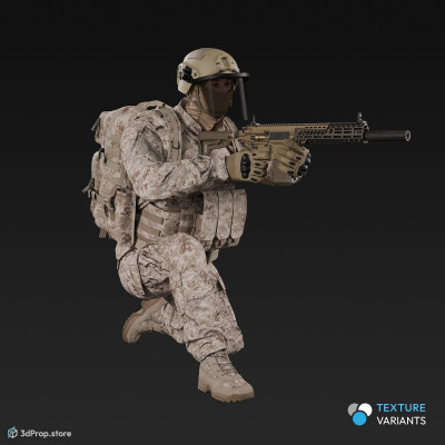 3D model of a sitting soldier, aiming straight ahead with his weapon.