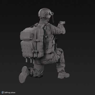 3D model of a kneeling soldier, aiming straight ahead with his weapon.