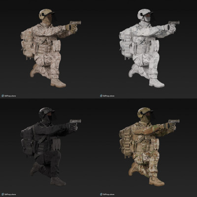 3D model of a kneeling soldier, aiming straight ahead with his weapon.