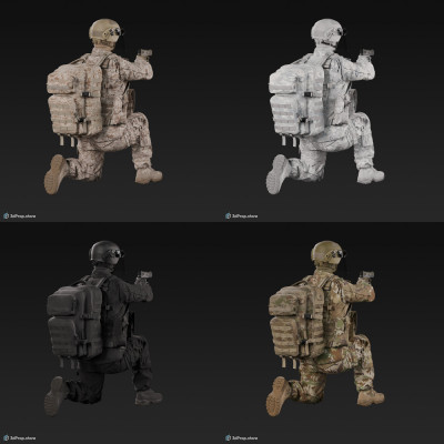 3D model of a kneeling soldier, aiming straight ahead with his weapon.