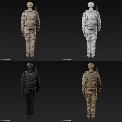 3D model of a soldier in military uniform with four camouflage pattern variations, while standing at attention, holding his weapon close to him, from 2020, USA.