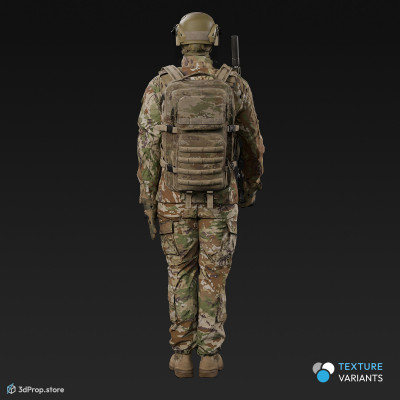 3D model of a soldier in military uniform with four camouflage pattern variations, while standing at attention, holding his weapon close to him, from 2020, USA.