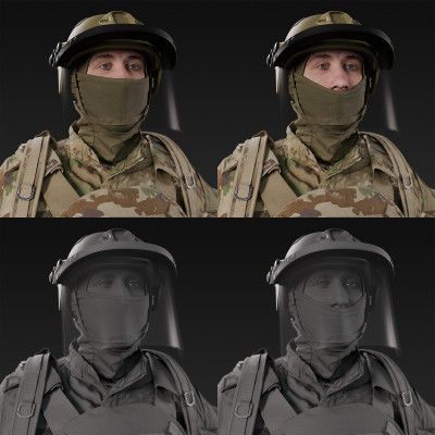 3D scan of a male soldier, in four different camouflage patterned military uniform variations wearing helmet with visor, balaclava, tactical vest with pouches, gloves and a backpack, standing in an A-pose., from 2020, USA.