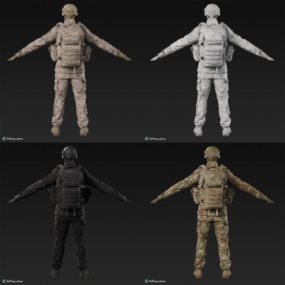 3D scan of a male soldier, in four different camouflage patterned military uniform variations wearing helmet with visor, balaclava, tactical vest with pouches, gloves and a backpack, standing in an A-pose., from 2020, USA.