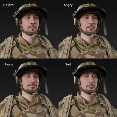 3D scan of a male soldier, in operational camouflage patterned uniform, wearing helmet with visor, balaclava, tactical vest with pouches, gloves and a backpack, standing in an A-pose., from 2020, USA.