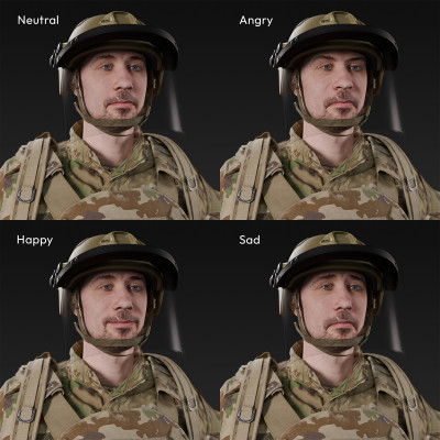 3D scan of a male soldier, in four different camouflage patterned military uniform variations wearing helmet with visor, balaclava, tactical vest with pouches, gloves and a backpack, standing in an A-pose., from 2020, USA.