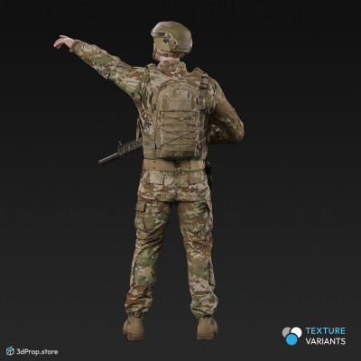 3D model of a soldier character, wearing modern military uniform, standing with a gun at hand and gesturing at someone.