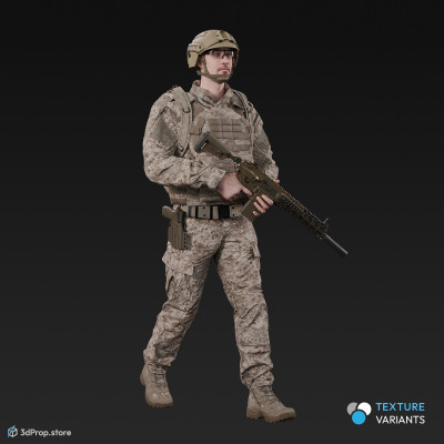 3D model of a soldier character, wearing modern military uniform, in a walking pose, holding a weapon.