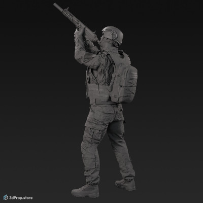 3D model of a soldier character in modern military clothing. Standing and aiming  upwards with his weapon.