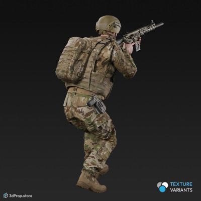 3D model of a soldier character, wearing modern military uniform, walking and aiming straight ahead with his weapon.