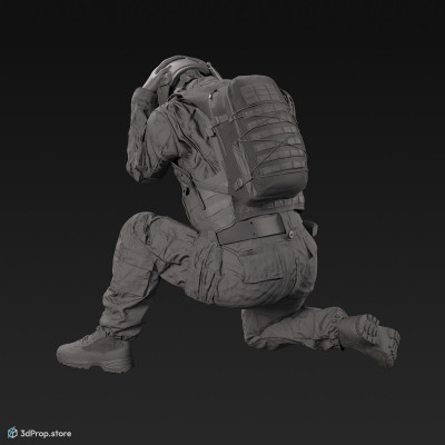 3D model of a crouched US soldier, defending his head with his hands.