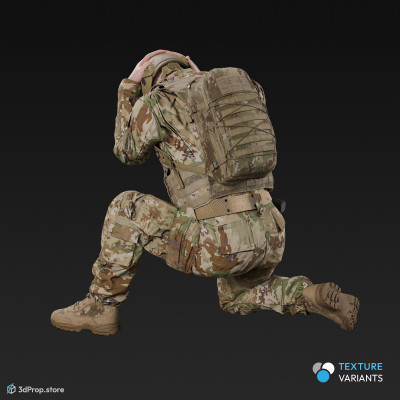 3D model of a crouched US soldier, defending his head with his hands.