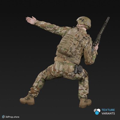 3D model of a crouched US soldier, holding his weapon in one hand and gesturing with the other