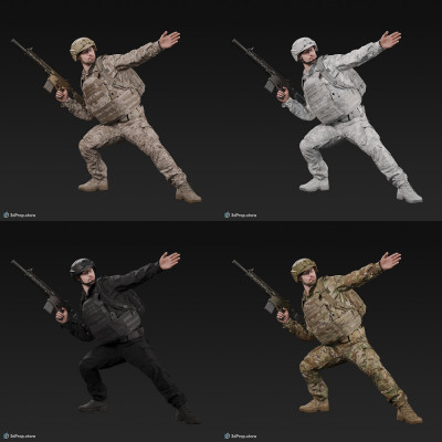 3D model of a crouched US soldier, holding his weapon in one hand and gesturing with the other