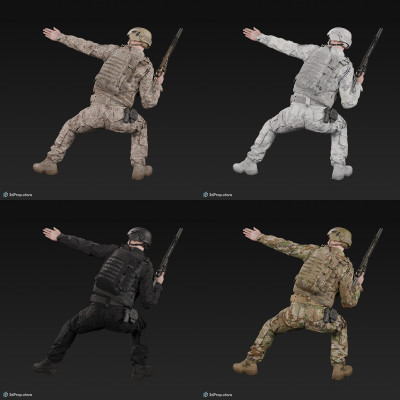 3D model of a crouched US soldier, holding his weapon in one hand and gesturing with the other
