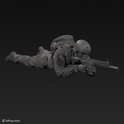 3D model of a soldier laying on the ground, while aiming his weapon into the distance and wearing military uniform with four camouflage pattern variations, from 2020, USA.