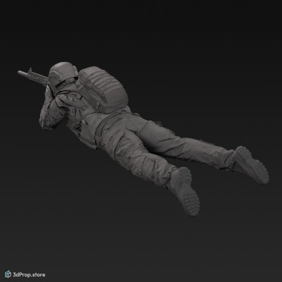 3D model of a soldier laying on the ground, while aiming his weapon into the distance and wearing military uniform with four camouflage pattern variations, from 2020, USA.