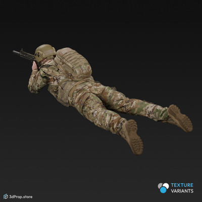 3D model of a soldier laying on the ground, while aiming his weapon into the distance and wearing military uniform with four camouflage pattern variations, from 2020, USA.