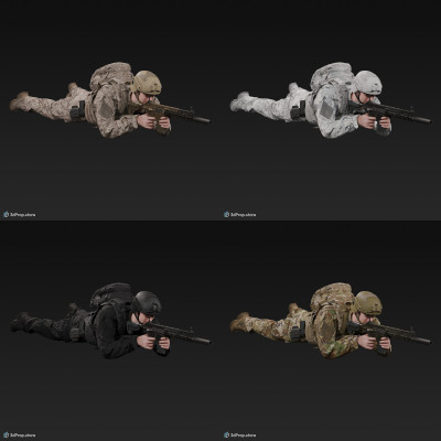 3D model of a soldier laying on the ground, while aiming his weapon into the distance and wearing military uniform with four camouflage pattern variations, from 2020, USA.