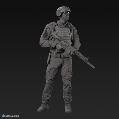 3D model of a standing soldier in military uniform with four camouflage pattern variations. He is looking into the distance and holding a weapon in his hands, from 2020, USA.