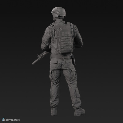 3D model of a standing soldier in military uniform with four camouflage pattern variations. He is looking into the distance and holding a weapon in his hands, from 2020, USA.