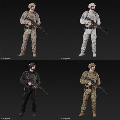 3D model of a standing soldier in military uniform with four camouflage pattern variations. He is looking into the distance and holding a weapon in his hands, from 2020, USA.