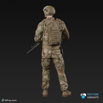 3D model of a standing soldier in military uniform with four camouflage pattern variations. He is looking into the distance and holding a weapon in his hands, from 2020, USA.