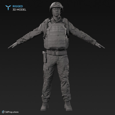 3D scan of a male soldier, in operational camouflage pattern military uniform, wearing helmet, glasses, tactical vest, a handgun and a military backpack, in an A-pose, from 2020, USA.