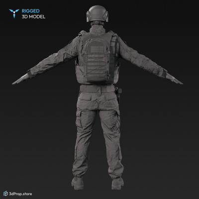 3D scan of a male soldier, in operational camouflage pattern military uniform, wearing helmet, glasses, tactical vest, a handgun and a military backpack, in an A-pose, from 2020, USA.