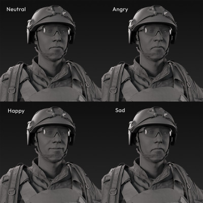 3D scan of a male soldier, in operational camouflage pattern military uniform, wearing helmet, glasses, tactical vest, a handgun and a military backpack, in an A-pose, from 2020, USA.