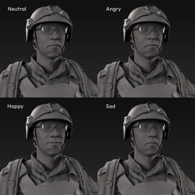 3D scan of a male soldier, in four different camouflage patterned uniform military uniform, wearing helmet, glasses, tactical vest, a handgun and a military backpack, in an A-pose, from 2020, USA.