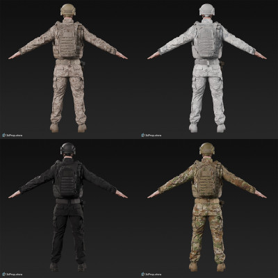 3D scan of a male soldier, in four different camouflage patterned uniform military uniform, wearing helmet, glasses, tactical vest, a handgun and a military backpack, in an A-pose, from 2020, USA.