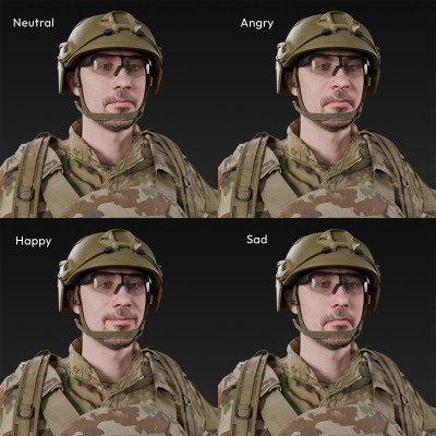 3D scan of a male soldier, in operational camouflage pattern military uniform, wearing helmet, glasses, tactical vest, a handgun and a military backpack, in an A-pose, from 2020, USA.