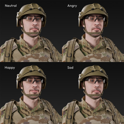 3D scan of a male soldier, in four different camouflage patterned uniform military uniform, wearing helmet, glasses, tactical vest, a handgun and a military backpack, in an A-pose, from 2020, USA.