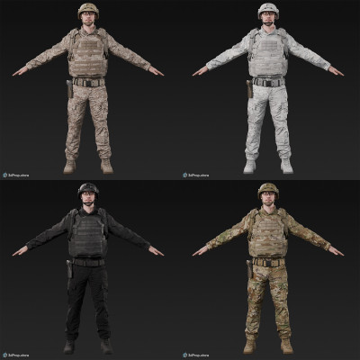3D scan of a male soldier, in four different camouflage patterned uniform military uniform, wearing helmet, glasses, tactical vest, a handgun and a military backpack, in an A-pose, from 2020, USA.