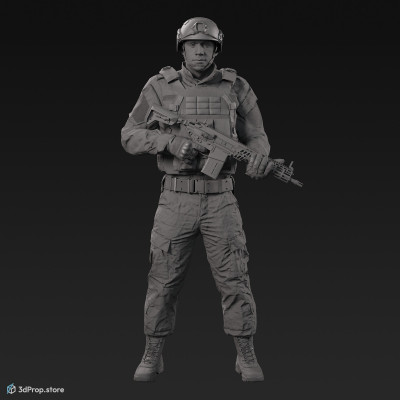 3D model of a standing soldier in military uniform with four camouflage pattern variations while holding a weapon, from 2020, USA.