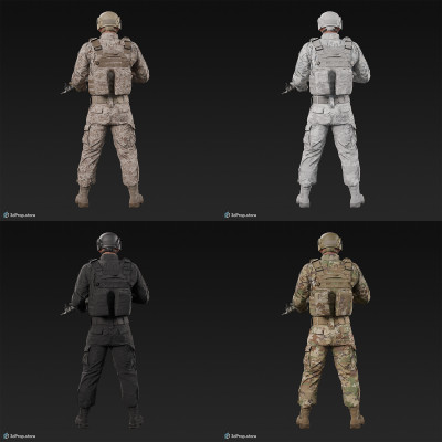 3D model of a standing soldier in military uniform with four camouflage pattern variations while holding a weapon, from 2020, USA.