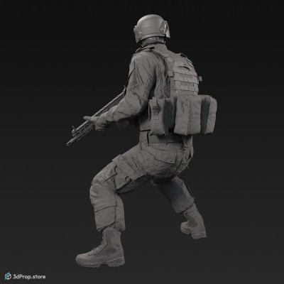 3D model of a standing soldier holding a weapon at the ready with both hands, while wearing military uniform with four camouflage pattern variations, from 2020, USA.