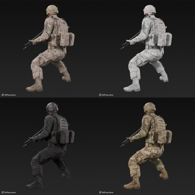 3D model of a standing soldier holding a weapon at the ready with both hands, while wearing military uniform with four camouflage pattern variations, from 2020, USA.