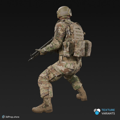 3D model of a standing soldier holding a weapon at the ready with both hands, while wearing military uniform with four camouflage pattern variations, from 2020, USA.