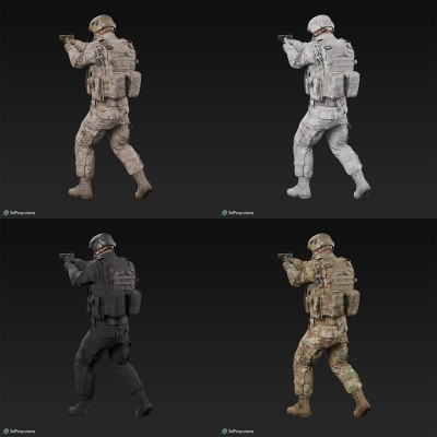 3D model of a standing soldier in an aiming pose, holding a pistol and pointing in front of him with it, while wearing military uniform with four camouflage pattern variations, from 2020, USA.