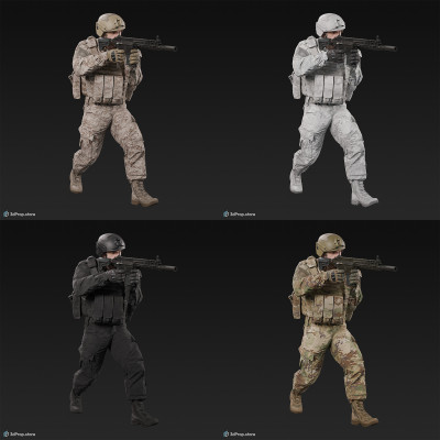 3D model of a walking soldier, aiming with his weapon in front of him, while wearing a cap, military trousers, boots and jacket with four camouflage pattern variations, from 2020, USA.