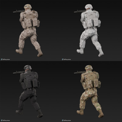 3D model of a walking soldier, aiming with his weapon in front of him, while wearing a cap, military trousers, boots and jacket with four camouflage pattern variations, from 2020, USA.