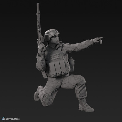 3D model of a kneeling soldier, holding his weapon in one hand in a resting position and pointing into the distance with the other, from 2020, USA.